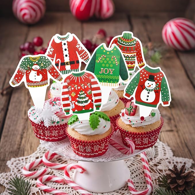 Ugly Sweater Cupcake Toppers, 36 PCS Christmas Cupcake Toppers Party Decorations, Christmas Holiday Cake Decoration Food Picks Topper for Xmas Winter Birthday Party Decorations Supplies, 6 Designs
