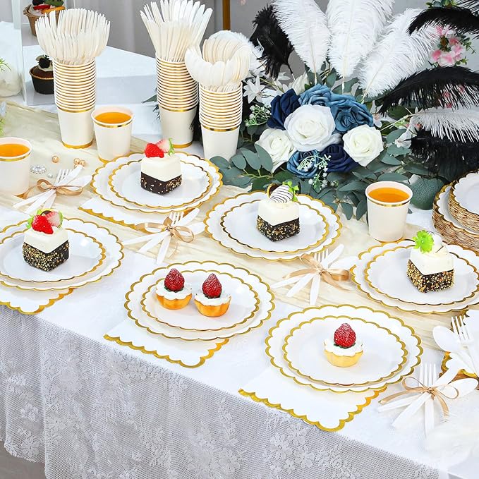 Ziliny 350 Pcs White Plates and Napkins Party Supplies for 50 Guests Wedding Disposable Tableware Include Scalloped Plates Paper Napkin Cup Spoon Fork Knife for Wedding, Birthday