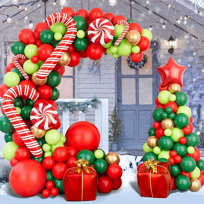 Christmas Balloon Garland Arch kit with Xmas Red Gold Dark Green Balloon Fresh Green Balloon and Candy Balloons Gift Box Balloons Red Star Balloons Rich for Christmas Party Decorations