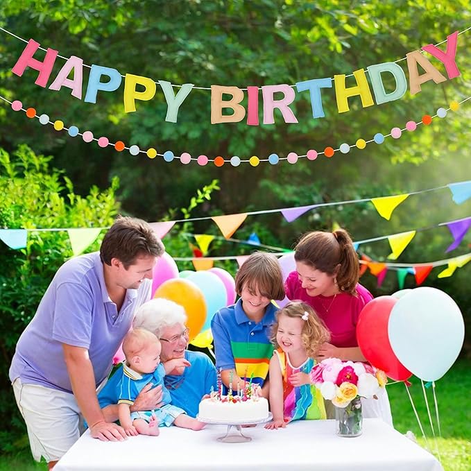 2 PCS Pre-Strung 3D Felt Happy Birthday Banner - Reusable Rainbow Happy Birthday Decorations Sign, Felt Ball Garland, Pom Pom Garland, Party Decor, Photo Prop (MACARON)