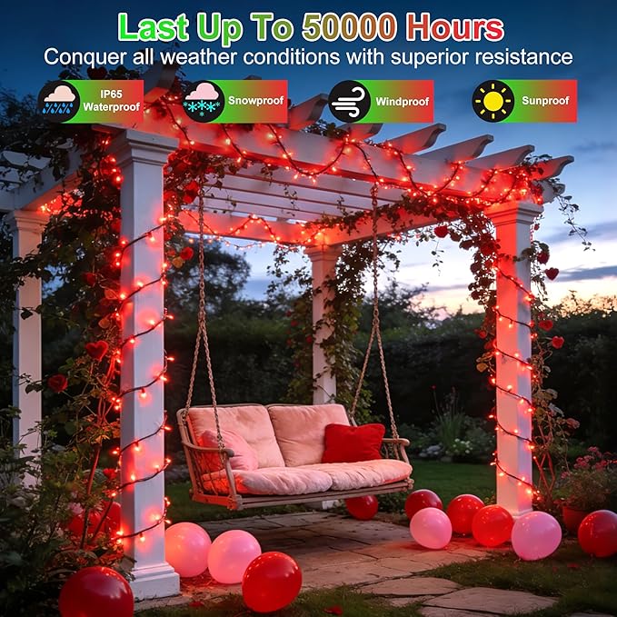 1500LED Valentine Lights Outdoor Use, 470ft 12 Modes Red Valentines Day Decorations with Timer Dimmable, Waterproof Christmas Lights for Xmas Patio Yard Fence Balcony Garden Party