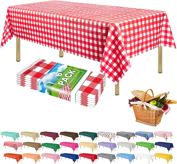 ZIMPLEWARE Premium Red Gingham Checkered Plastic Table Cloth Disposable (6 Pk) Plastic Tablecloths for Rectangle Tables (54in x 108in) Party Table Cloths Disposable for 6ft to 8ft Rectangle Tables