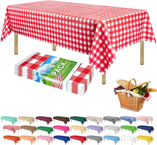 ZIMPLEWARE Premium Red Gingham Checkered Plastic Table Cloth Disposable (6 Pk) Plastic Tablecloths for Rectangle Tables (54in x 108in) Party Table Cloths Disposable for 6ft to 8ft Rectangle Tables
