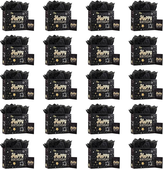 13" Black Happy Birthday Gift Bag with Tissue Paper and Greeting Card for Party,Happy Birthday Gift Bag for Men Women,Gift Bags Medium size(20 PCS Black Hot Stamping)