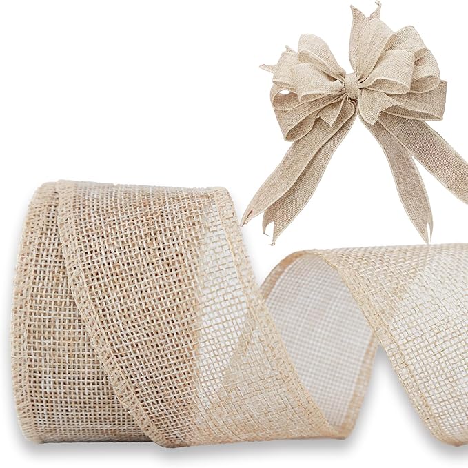 Burlap Ribbon 2 inch X 10 Yard Natural Burlap Woven Ribbon DIY Handmade Edging Production Wreath Holiday Decoration Gift Ribbons for Gift Wrapping Jute Linen Ribbons