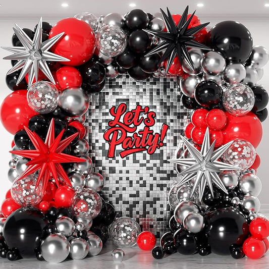 153Pcs Red and Black Silver Balloons Garland Arch Kit with Stars -22 18 12 10 5 inch Different Size Red Black Metallic Silver Balloon for Birthday Graduation Racing Car Poker Party Decorations