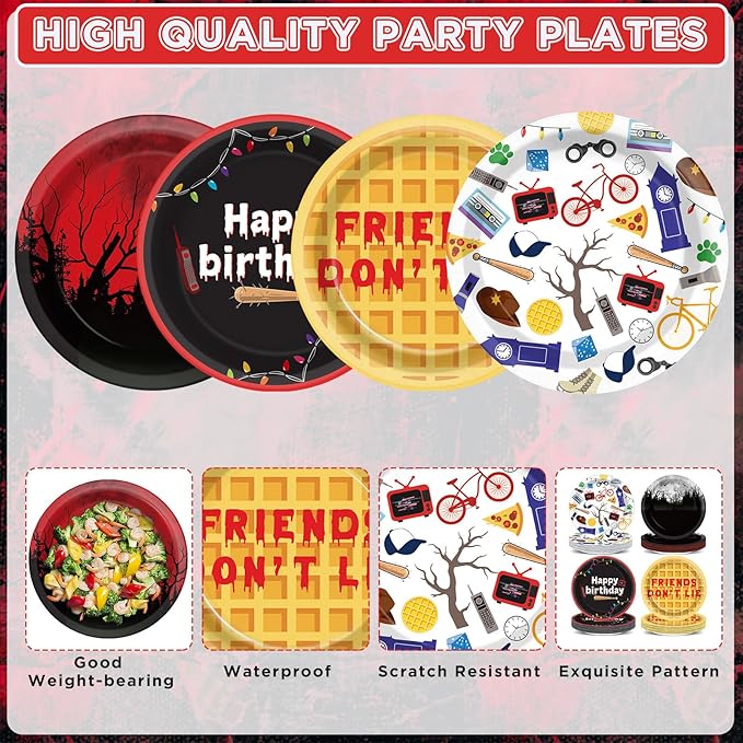 48Pcs Spooky Rustic Alphabet Party Supplies 7In Spooky Forest Birthday Paper Plates Disposable Retro Light Bulbs Pancake Dessert Plate Tableware for Halloween Horror 80s Birthday Decorations Favor