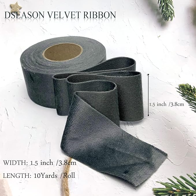 Velvet Ribbon Set 1.5" x 10 Yards, 1 Rolls, Dseason Handmade Dark Grey Velvet Ribbon Set for Gift Wrapping & Bow Making, Christmas Tree, Wreath Decoration, DIY Crafts Decoration