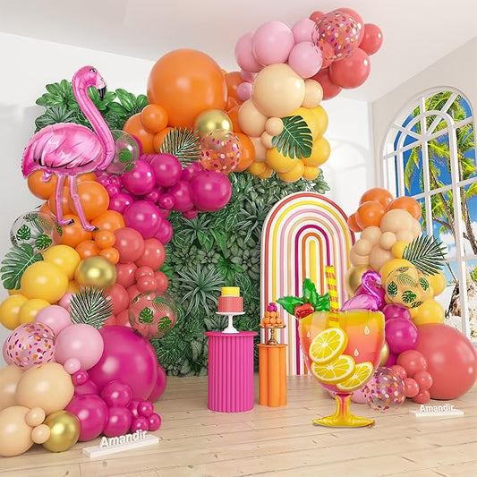 Amandir 165Pcs Tropical Balloon Arch Garland Kit, Sunset Hot Pink Orange Coral Red Yellow Metallic Gold Foil Wineglass Flamingo Balloons for Tropical Birthday Wedding Shower Summer Party Decorations