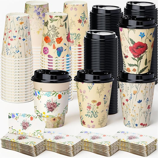 LemonRoad 100 Sets 12 oz Vintage Floral Paper Disposable Coffee Cups with Lid, Sleeves, 4 Color Spring Cute Flower Designs Cups Party Supplies for Tea Hot Drink Cold Beverage Cocoa(Vintage Flower)