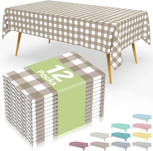 Smiry 12 Packs Gingham Disposable Table Cloth, 54 x 108 Inch Waterproof Plastic Tablecloth, Rectangle Khaki and White Checkered Table Covers for Outdoor, Birthday, Party