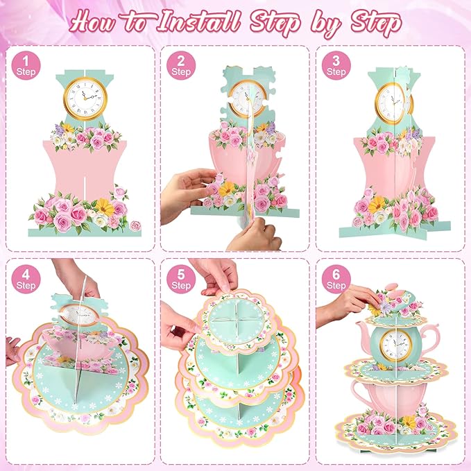 Zopeal 3 Tier Floral Tea Party Cupcake Stand Decorations Spring Vintage Teapot Cupcake Holder Talking Dessert Tower for Flower Theme Baby Shower Princess Birthday Wedding Supplies