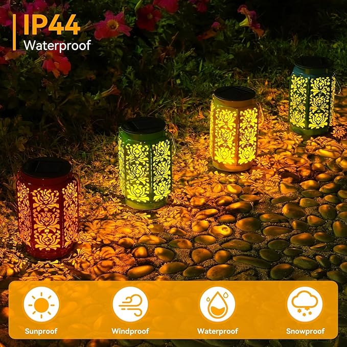 Solar Lanterns Outdoor 4 Pack, Rose Mothers Day Gifts Solar Lanterns IP44 Waterproof Outdoor Lights Garden Decor, 4 Colors LED Hanging Lantern with Handle for Outside Patio Yard Table Fence