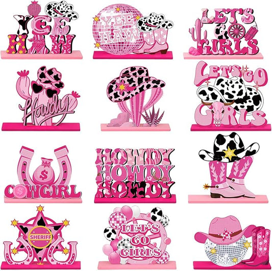 Marsui 12 Pcs Cowgirl Howdy Table Decor Retro Western Pink Wood Centerpieces Let's Go Girls Bachelorette for Home Wooden Sign Blocks Sign Home Decoration Tiered Tray Shelf (Cowgirl)