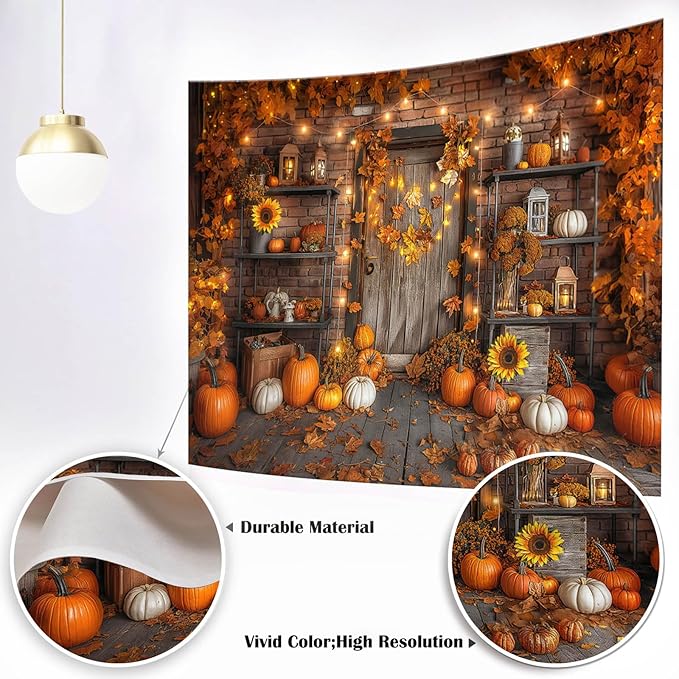 Mocsicka Fall Pumpkin Photography Backdrop Autumn Harvest Barn Background Party Decorations Maple Leaves Rustic Wooden Door Photo Booth Props (Orange, 12x10ft (144x120 inch))