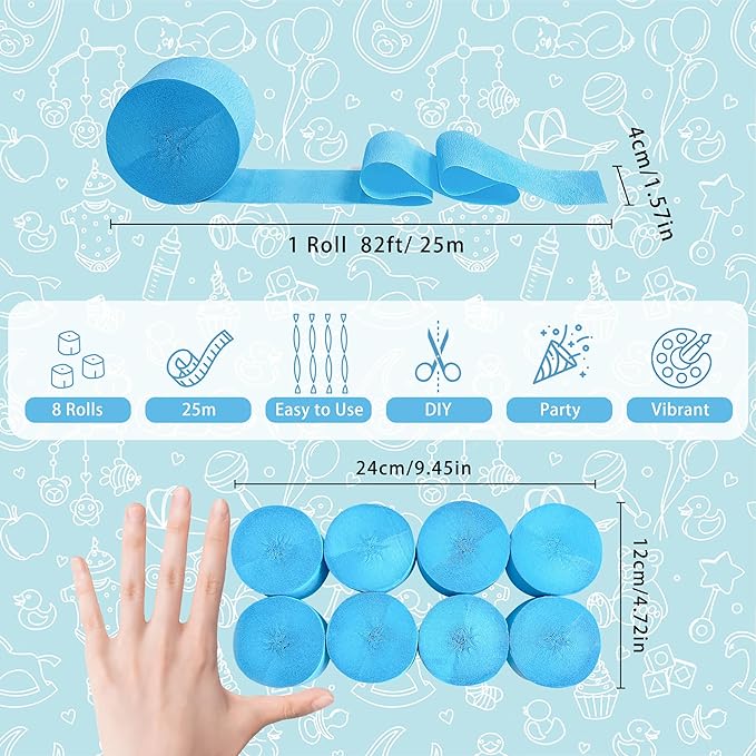 8 Rolls Crepe Paper Streamers, Sky Blue Streamers Party Decorations for Baby Shower Birthday Gender Reveal Under The Sea Party