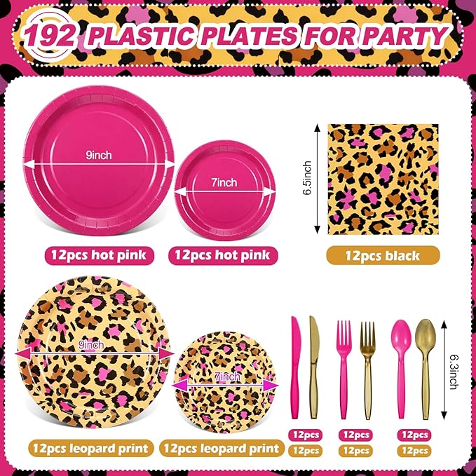 Uiifan 144 Pcs Pink Cheetah Print Party Decorations Supplie Set - Disposable Leopard Tableware Set for 24 Guests with Plate Plastic Spoons Forks Knives Napkins, Jungle Animal Birthday Cheetah Theme