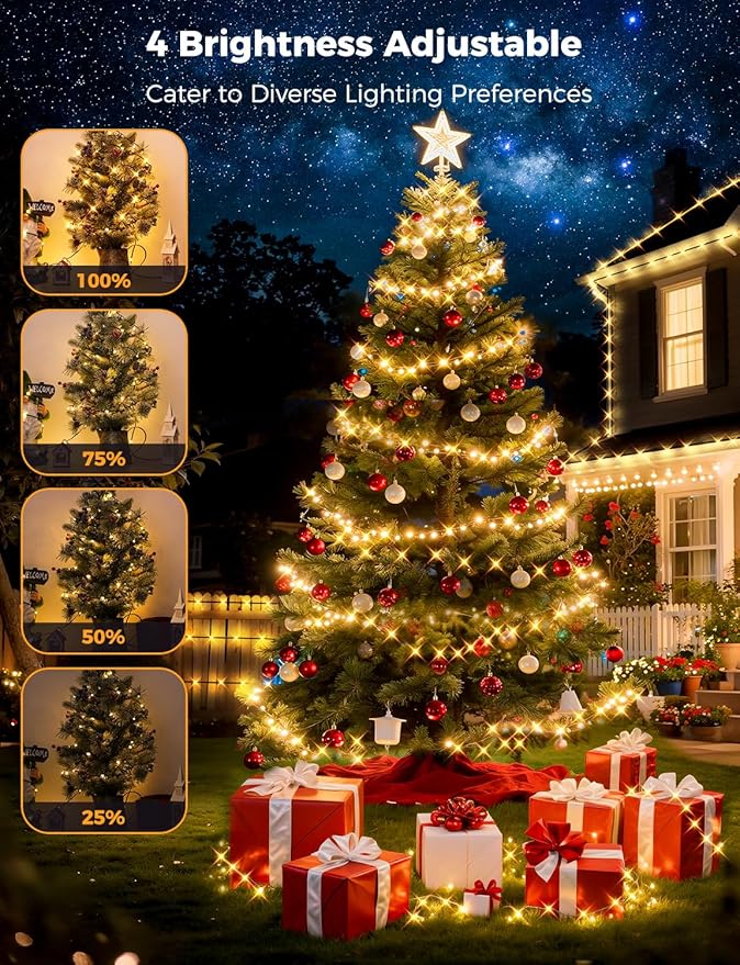 Brightever LED Christmas Tree Lights - 900 Bulbs 295FT, Plug-in Outside Christmas Light with Remote, 8 Lighting Modes, 3 Timers, Dimmable, LED Light Decor for Xmas Tree, Car, Fence (Warm White)