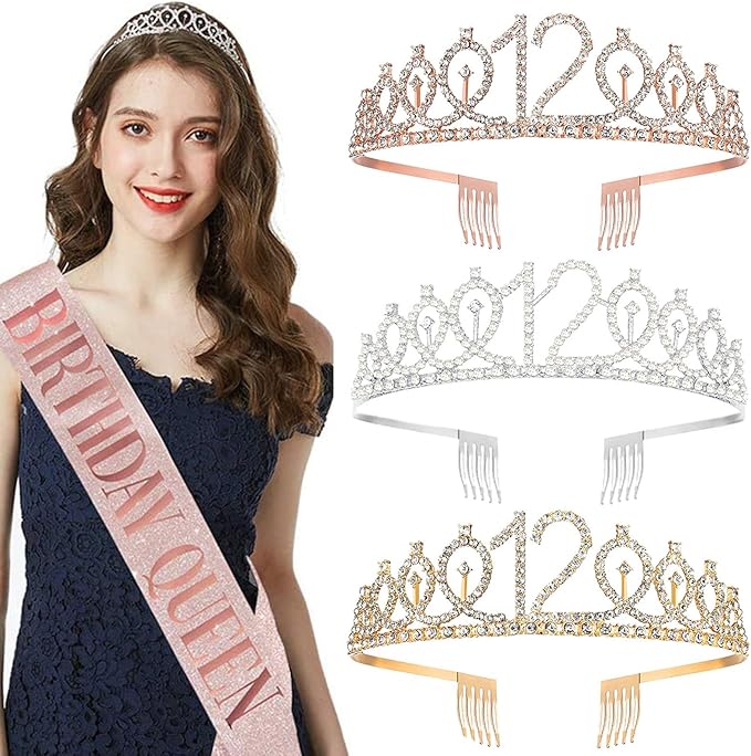 12th Birthday Sash and Tiara, 12 & Fabulous Sash and Tiara Birthday Crown, Happy 12th Birthday Gifts for Party Favors Supplies and Decorations, Gold