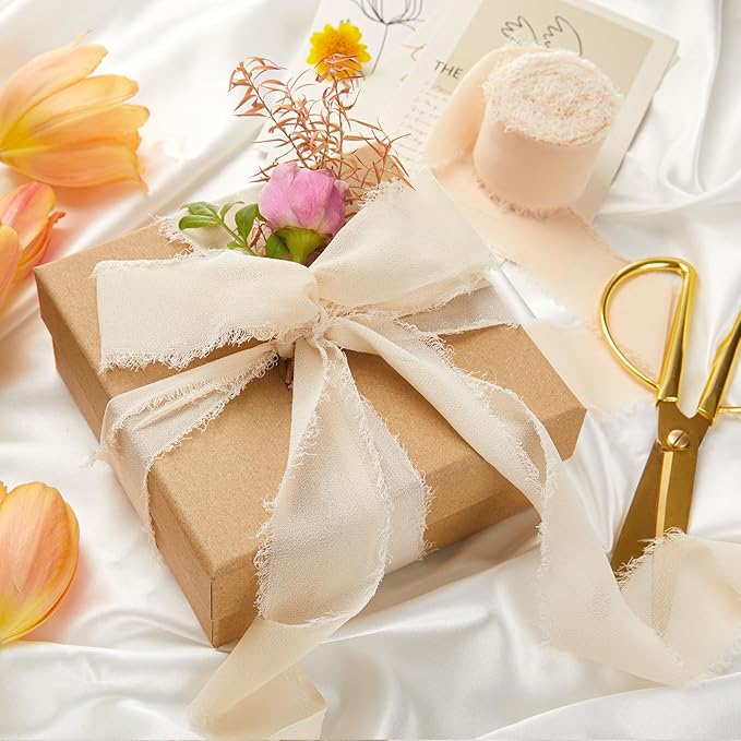 Fall Ribbon, 3 Rolls Light Nude Handmade Fringe Chiffon Silk Ribbon for Flower Bouquet, 1 1/2 inch x 7Yd Ribbons for Gift Wrapping, Wedding, Flower Wrapping, Bouquet Wrap, DIY Crafts