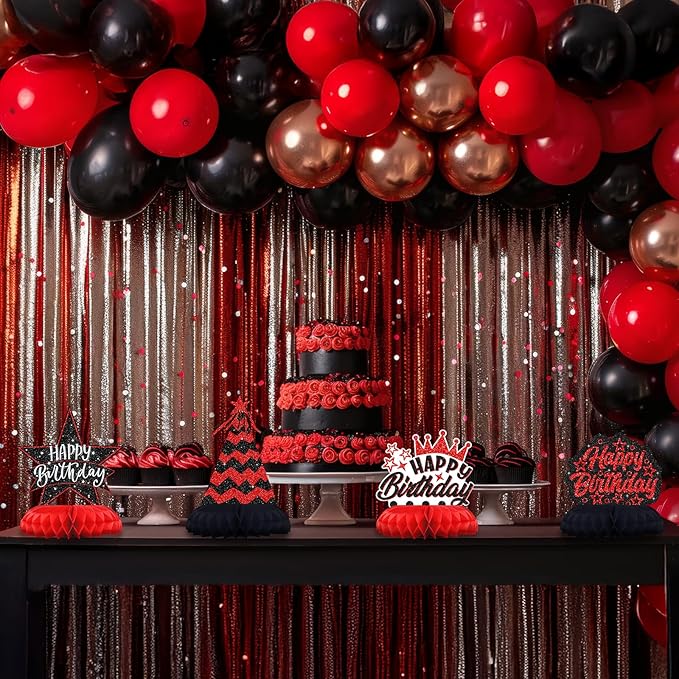 Black and Red Birthday Decorations – 12PCS Honeycomb Table Centerpieces for Men Women Adults – Happy Birthday Table Decor Party Supplies