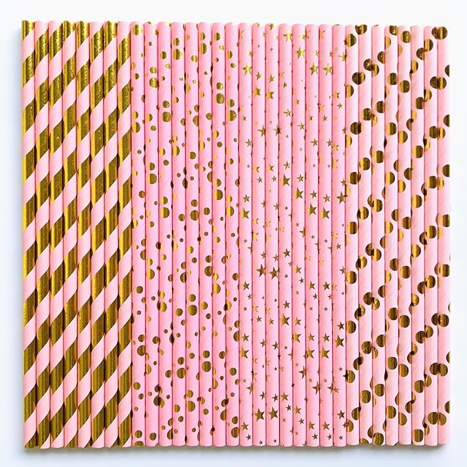 100 pcs Mixed Biodegradable Colorful Party Paper Straws, Metallic Gold Foil Light Pink Stripe Dot Star Drinking Straws, Girl Baby Bridal Shower Birthday Wedding Cake Pop Sticks (Light Pink Gold Foil)
