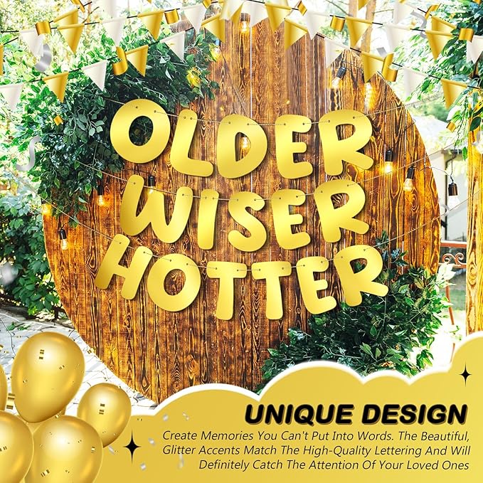 Fulmoon Set of 3 Pre Strung Older Wiser Hotter Glitter Banner Funny Birthday Banner for Women 30th 40th 50th 60th 70th 80th Birthday Party Decorations Sign Gift(Bright Gold)