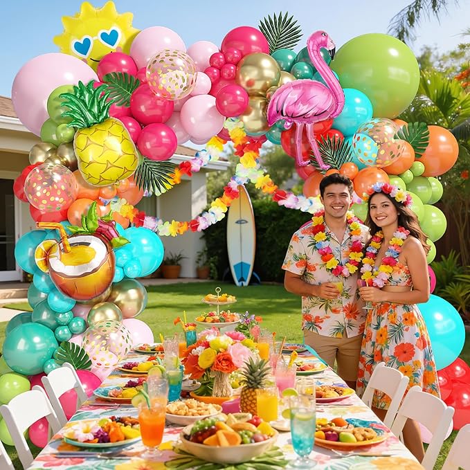 170Pcs Flamingo Tropical Balloon Arch Garland Kit, Hot Pink Olive Green Orange Teal Gold Foil Balloons Palm Leaves Hawaiian Leis for Luau Aloha Summer Beach Pool Birthday Baby Shower Party Decorations