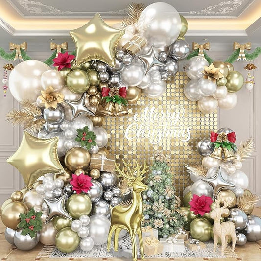 117Pcs White Gold Christmas Balloon Arch Kit, Pearl Sand White Silver Champagne Gold Balloons with Foil Star & Reindeer Balloons Garland for Holiday New Year Party Winter Wonderland Xmas Decorations
