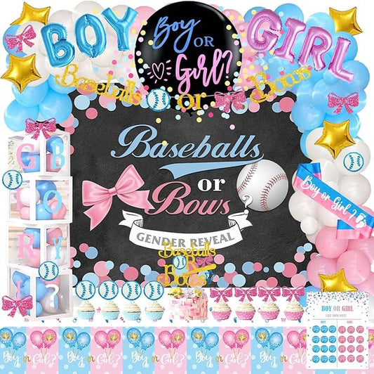 Hombae Baseball or Bows Gender Reveal Decorations, 171 PCs Boy or Girl Gender Reveal Decorations Backdrop Balloon Garland Banner Tablecloth Cake Cupcake Topper Box Cutout Poster Sash Pink Blue