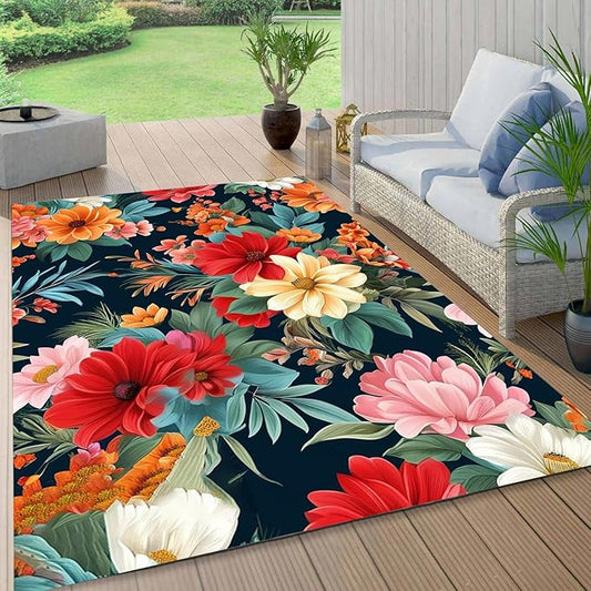 Washable Outdoor Rug with Floral Texture 2x3 Waterproof Non Slip Vibrant Area Rugs for Patio Deck Garden Balcony Large Flower Print Camping Porch Backyard Outside Carpet Red Navy Blue