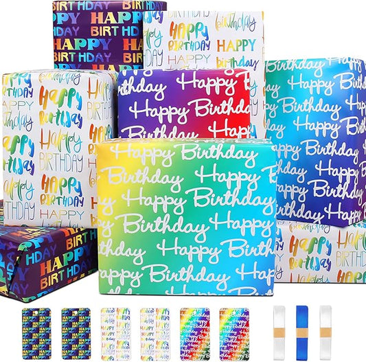 BWLOIES Wrapping Paper Birthday Wrapping Paper Sheets Hradient Multi-colour Happy Birthday Paper Set Include Bday Gift Wrap withTags & Ribbon,Present wrap for Boys Men Girls Women