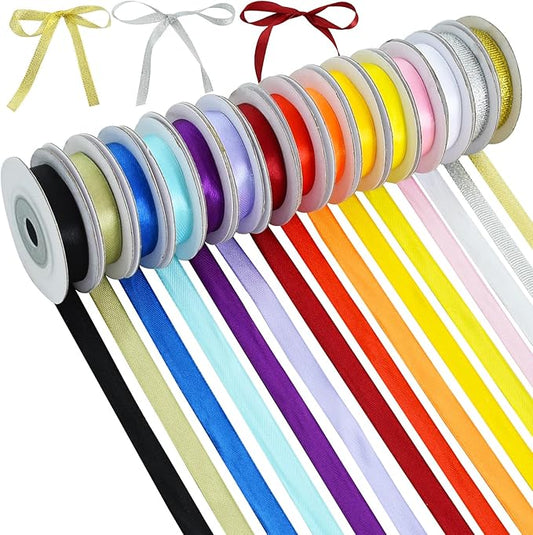 TONIFUL 16 Colors 80yds Satin Ribbon Rolls 3/8 Inch Thin Solid Fabric Ribbons for Gift Wrapping Invitation Floral Hair Balloons Bows Craft Sewing Party Wedding Birthday Decoration Bouquet(5yd/Roll)