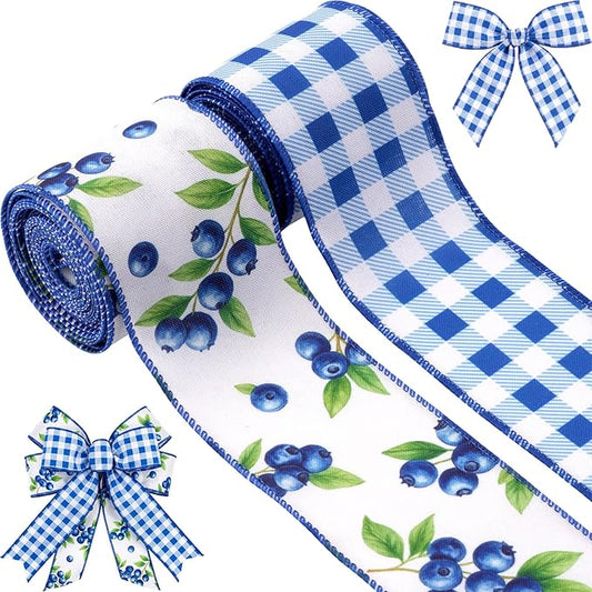Blueberry Wired Edge Burlap Ribbons 2 Pack - 2.5 Inch Fall Theme Ribbon Set, 5 Yards Each for Wreaths Crafts Decorations Gift Wrapping