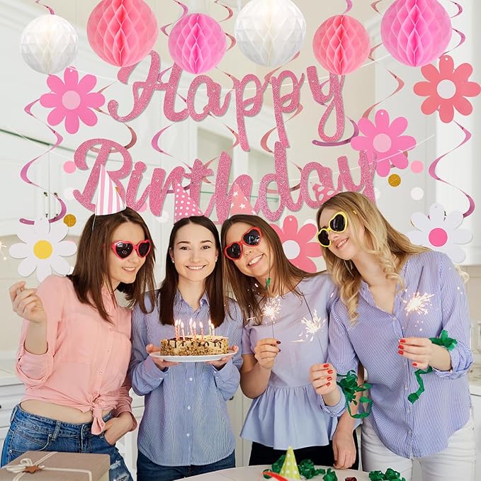YEOCU Birthday Decorations, NO DIY, Pre-Strung Happy Birthday Banner with Honeycomb Balls, Hanging Swirls, Circle Dots Garland, Happy Birthday Party Decorations for Women Men Boys Girls (Pink)