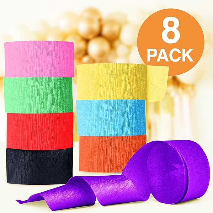 Party Crepe Paper Streamers - 8 LG Rolls, 2in x 120ft - Colorful Decorative Creped Roll for All Events Birthday, Festival, Wedding, Backdrop or Photo Booth Decoration, Flower Making | Assorted Colors