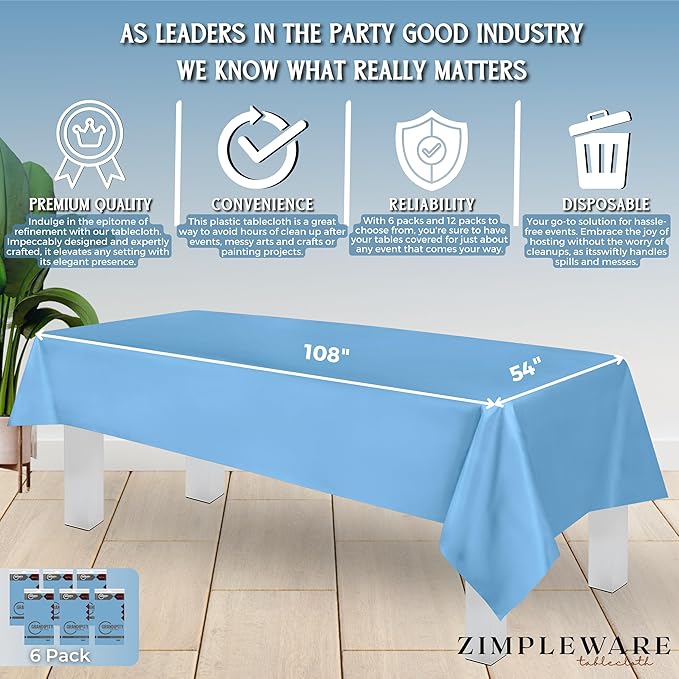 ZIMPLEWARE Premium Sky Blue Plastic Table Cloth Disposable (6 Pk) Plastic Tablecloths for Rectangle Tables (54in x 108in) Party Table Cloths Disposable for 6ft to 8ft Rectangle Tables