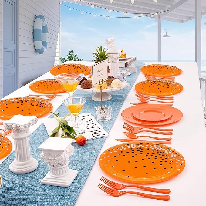 50 Pcs Party Supplies - Orange Silver Dot Tableware Set - 7/9 Inch Paper Plates for Birthdays, Weddings & More