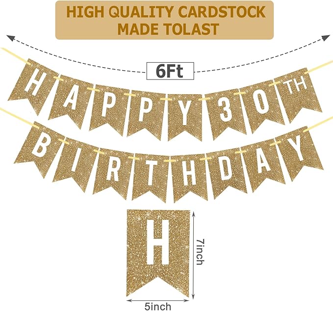 Netnology Pre-Strung Gold Happy 30th Birthday Banner Decorations,12 ft No DIY Gold Glitter 30th Birthday Party Banner Sign Decor for Women Men Girl Boy Party Supplies
