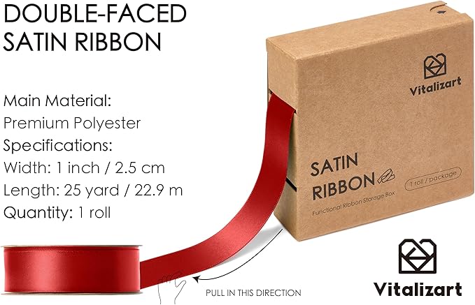 Vitalizart Red Ribbon for Gift Wrapping 1" x 25Yd Double Face Continuous Functional Satin Ribbon for Crafts Silk Like Fabric Flower Bouquet Birthday Party Decorations Bridal Shower Wreath Hair