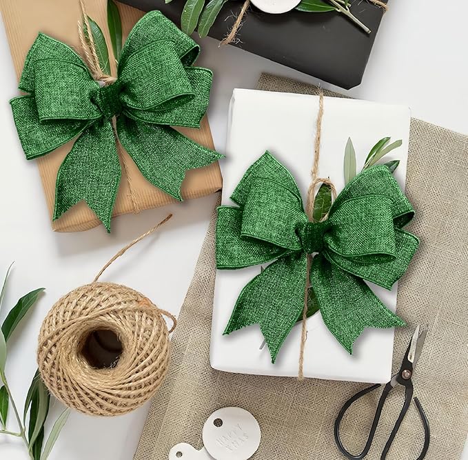 Dark Green Burlap Ribbon 1 inch X 10 Yard Natural Dark Green Woven Ribbon DIY Handmade Solid Wired Edging Production Wreath Holiday Decoration Gift Ribbon for Gift Wrapping Dark Green Ribbon