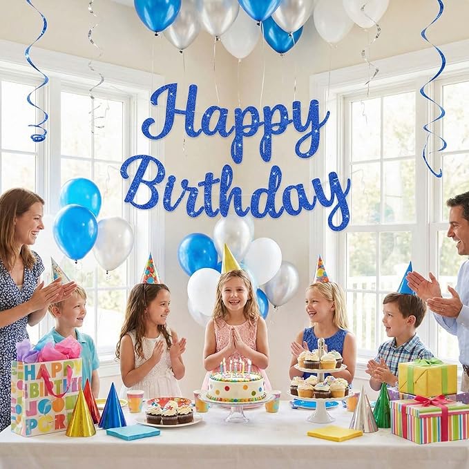 Glitter Happy Birthday Banner Sign, Reusable Birthday Garland Party Supplies, Cake Day Backdrop Banners Wall Decorations for Women, Girls, Boys (Blue)