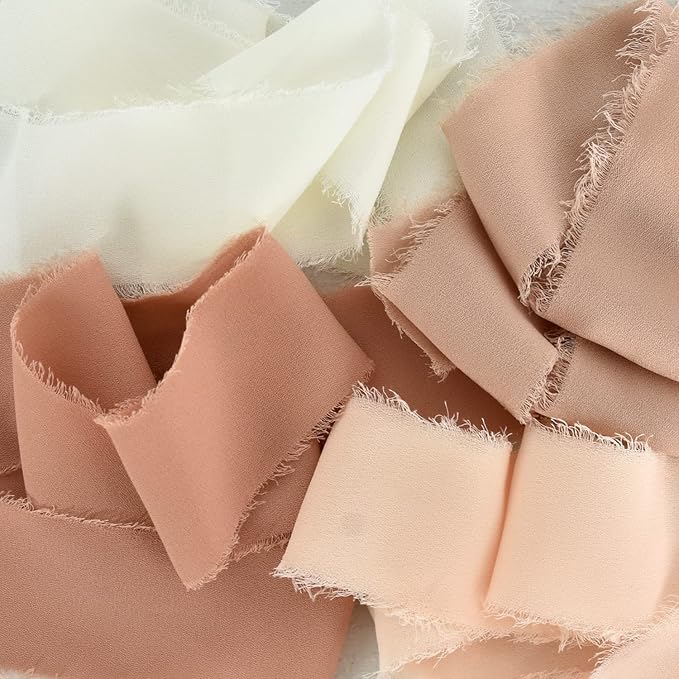 TONIFUL 4 Rolls Silk Chiffon Ribbon, 1-1/2 Inch x 22yds, Beige and Cream Chiffon Ribbons Set, Handmade Fringe Silk Ribbon for Gift Wrapping Bridal Bouquets Wedding Invitations Decoration Crafts