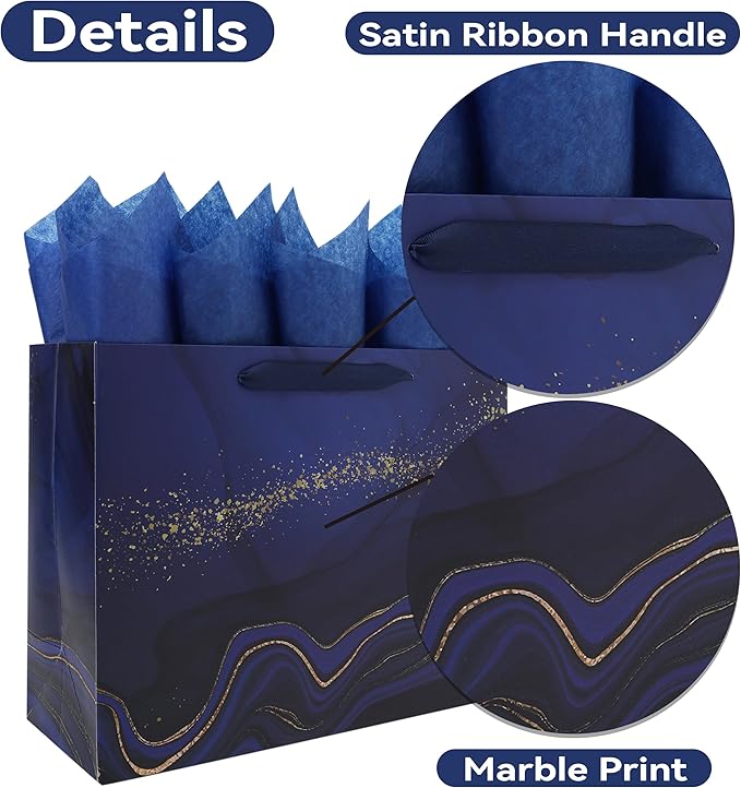13'' Large Blue Marble Gift Bag Set with Handles, Greeting Card, Tissue Papers and Stickers for Men Boys Kids for Birthdays, Fathers Day, Graduations, Christmas, Baby Showers, Marble Design, 1 Pcs