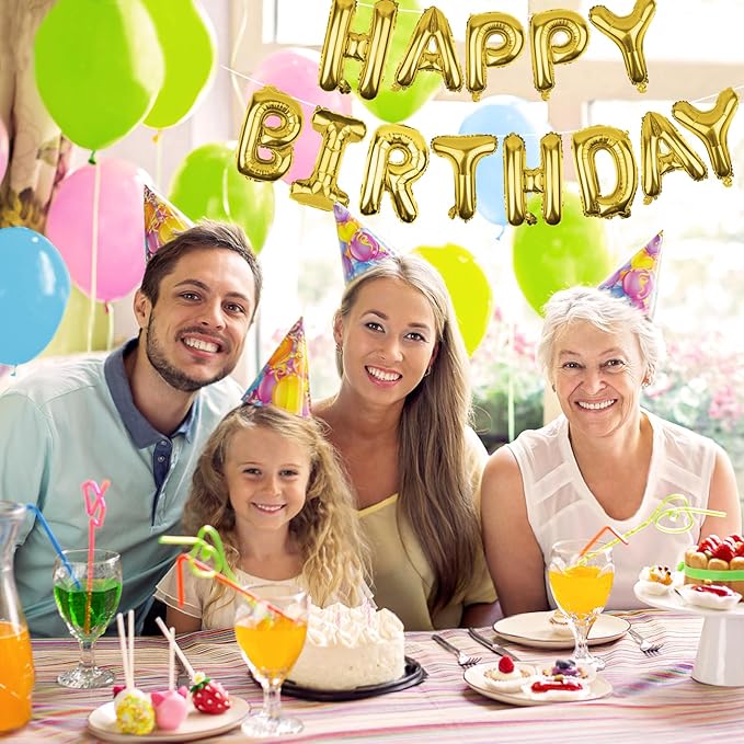 Gold Happy Birthday Balloons Banner 16 Inch Mylar Foil Letters, Inflatable Party Decor and Birthday Decorations for Women, Men, Boys & Girls Kids and Adults, Reusable, Party Supplies