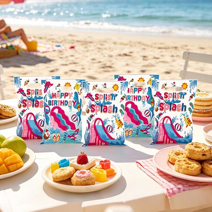 MOIZYNG 50Pcs Splish Splash Summer Birthday Gift Bags with Handles, Pink Splish Splash Happy Birthday Plastic Candy Treat Goodie Bags for Summer Pool Party Favors Supplies