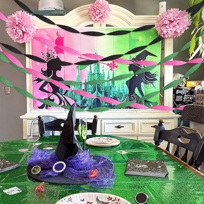 Pink Green & Black Crepe Paper Streamers Party Decorations for Birthday, Flamingo, Hip-Hop, Witch Themed Party etc. 9 Rolls