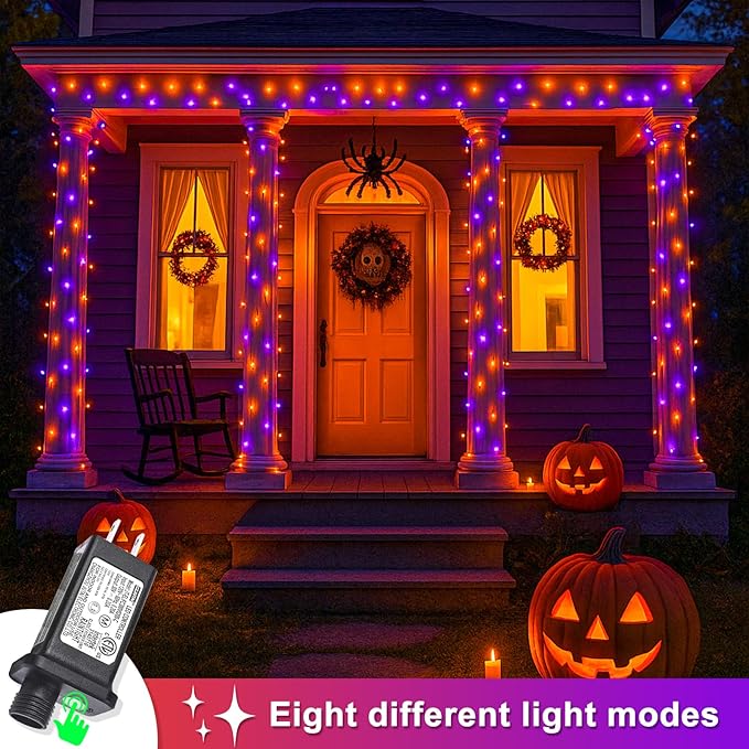 250 LED Orange and Purple Christmas Lights 82 FT String Lights Indoor Outdoor Clear Wire with 8 Modes, Plug in Waterproof Christmas Light for Tree Party Bedroom Thanksgiving Decorations