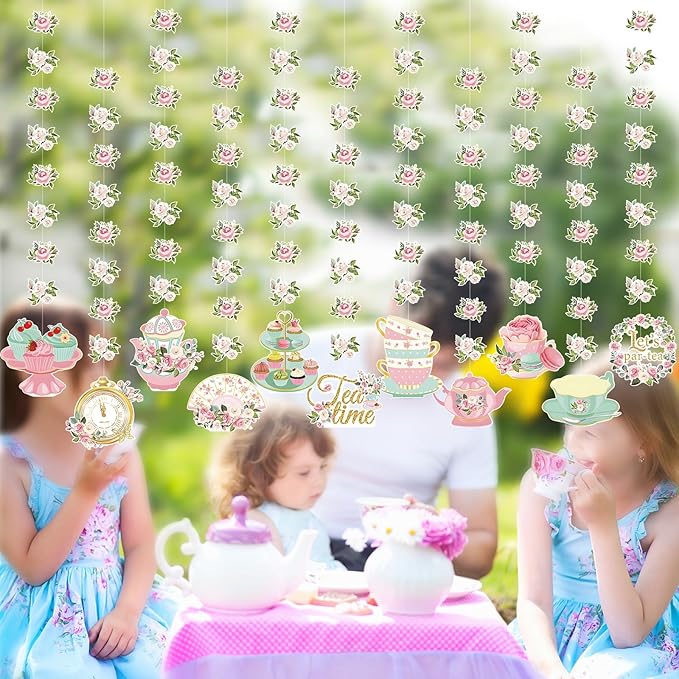 Fullhawl 12 Pack 32'' Tea Party Decorations Floral Double Sided Hanging Garland Floral Tea Party Banner Hanging Decorations for Bridal Shower Princess Birthday Wedding Favors