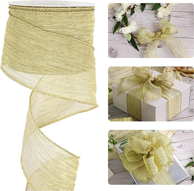 HUIHUANG Gold Wired Ribbon Crinkle Wire Edge Ribbon 2-1/2 inch Wavy Metallic Wired Ribbon for Gift Wrapping Basket Wreaths Bows Making Home Event Decor DIY Crafts Christmas Tree Top Bows -10 Yards